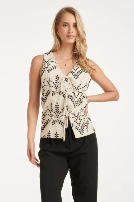 STYLISH WAISTCOAT WITH CONTRASTING EMBROIDERY AND BOW DETAILS | SAND - BLACK